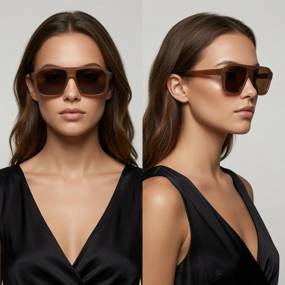 Square Oversized Retro Sunglasses Women Bold Thick Frame UV400 Shades Brown Lens